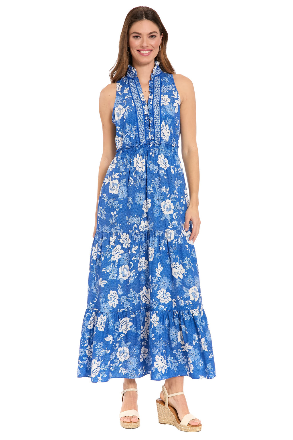 Brooke Ruffle Neck Smocked Maxi in Grid Floral - FINAL SALE