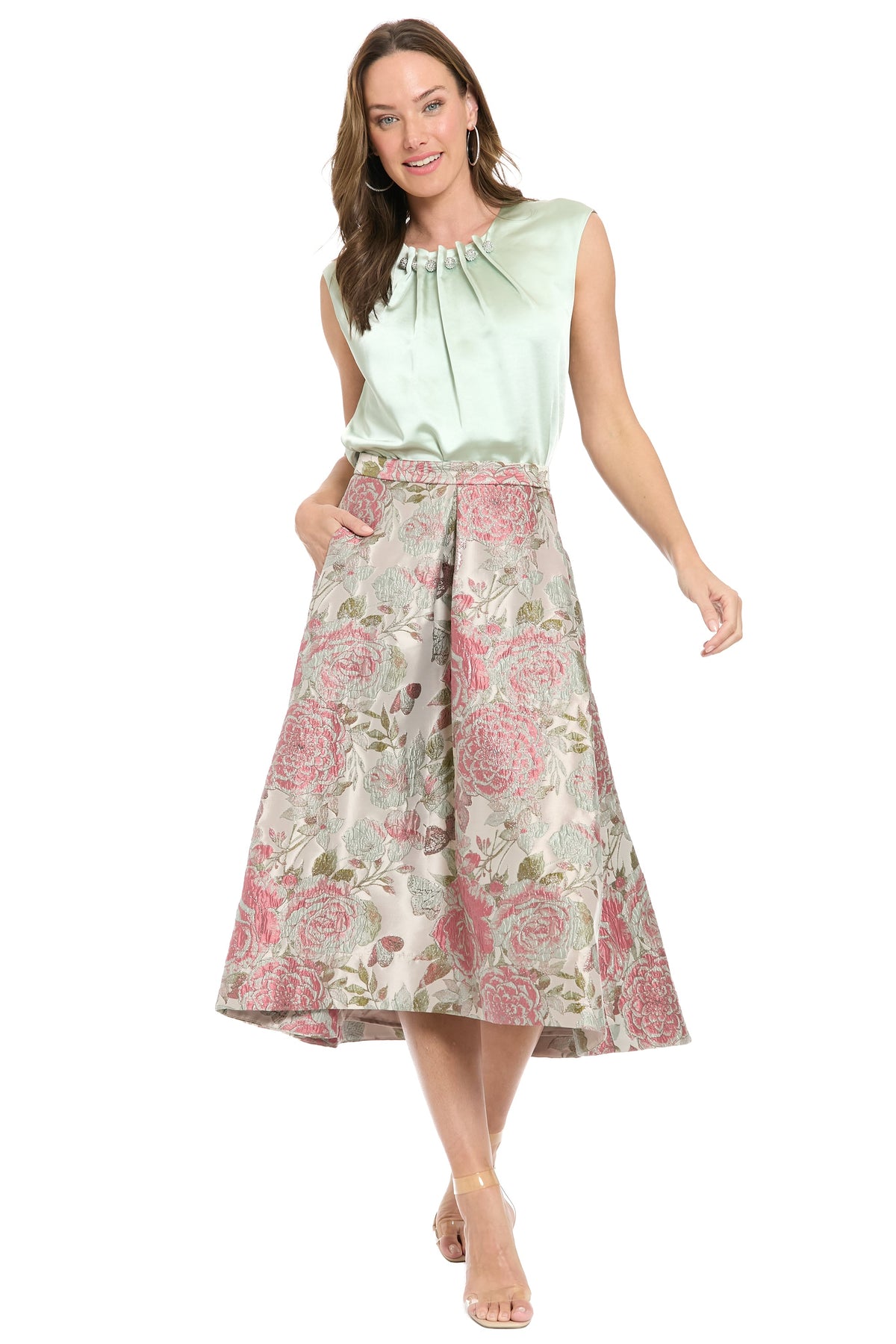 Gramercy Pleated Skirt in Vintage Rose Jacquard