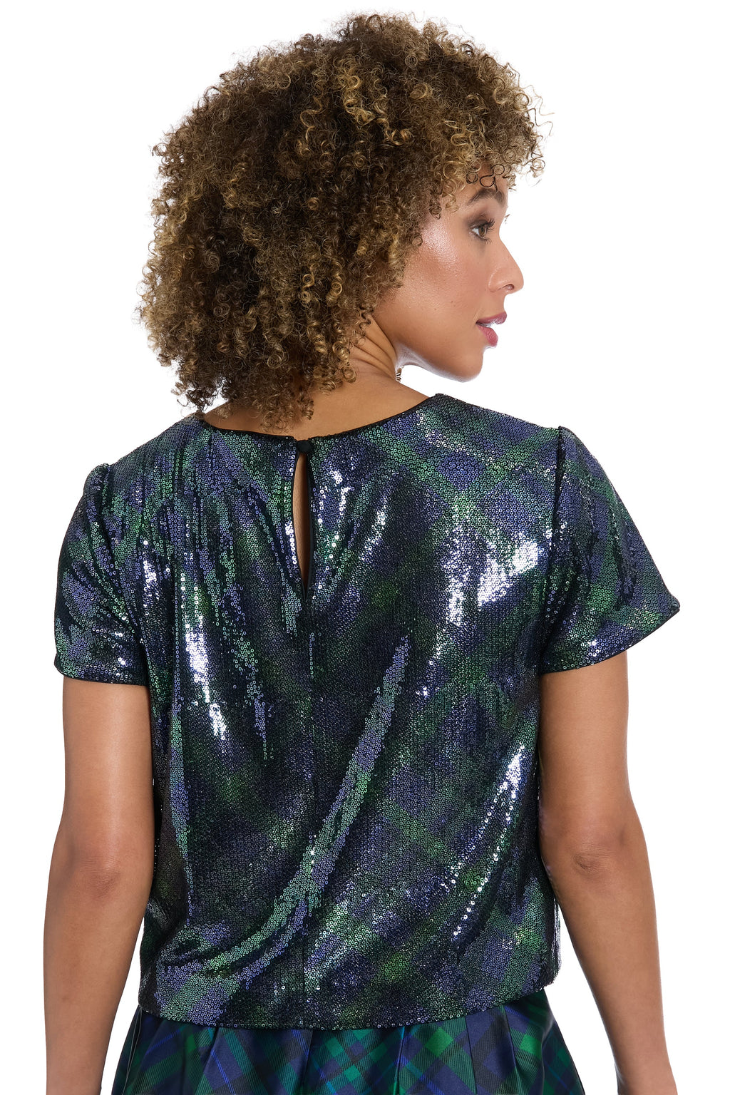 Roosevelt Sequined Plaid Short Sleeve Party Top