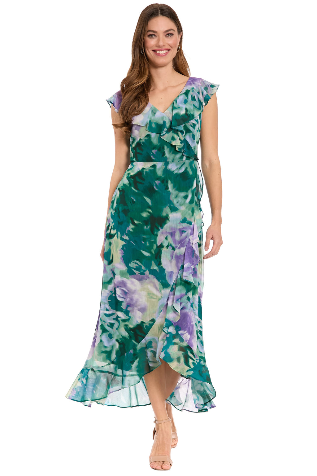 Alessandra Ruffle Faux Wrap Dress in Impressionist Floral