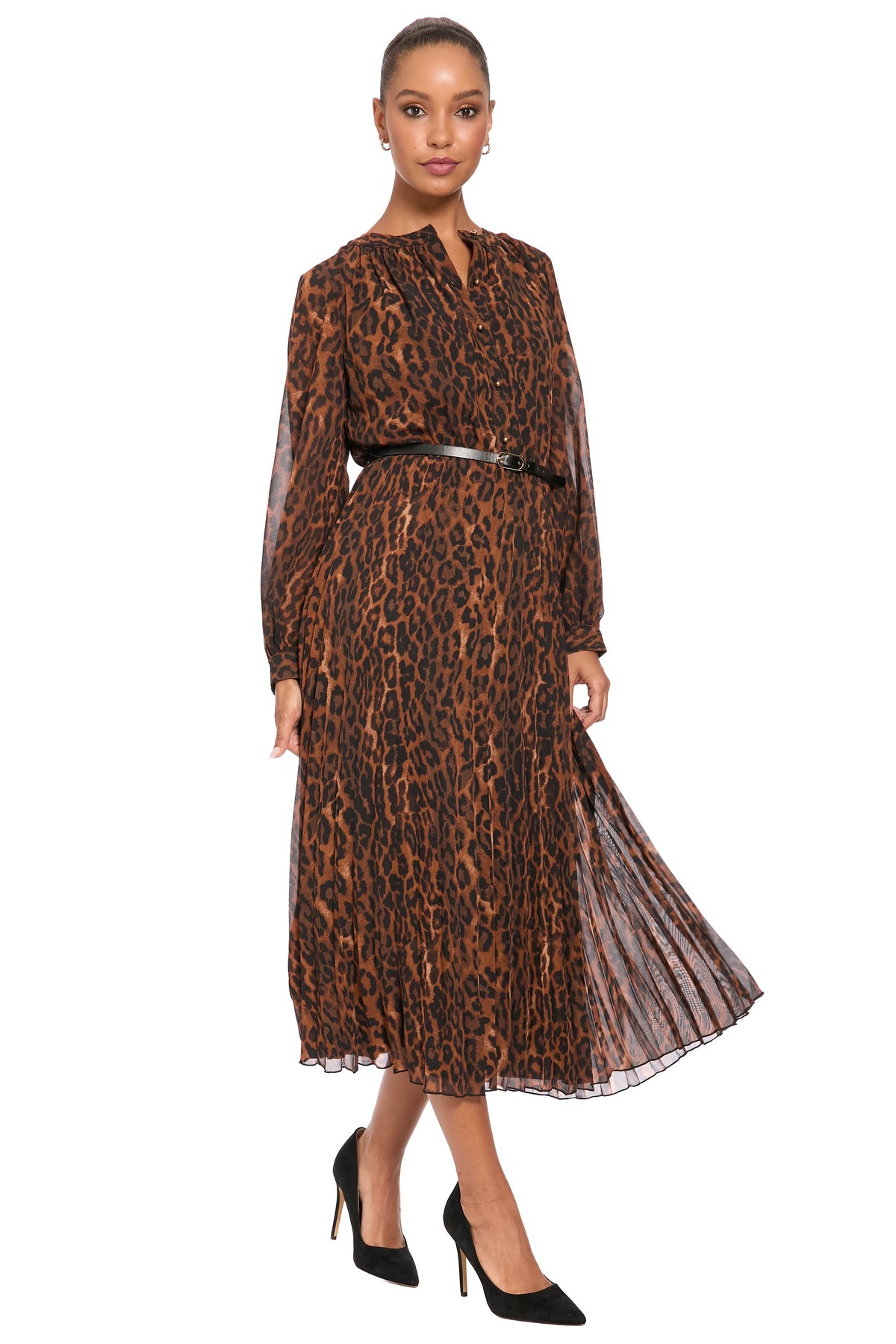 Tamsen Chiffon Pleated Shirtdress in Leopard