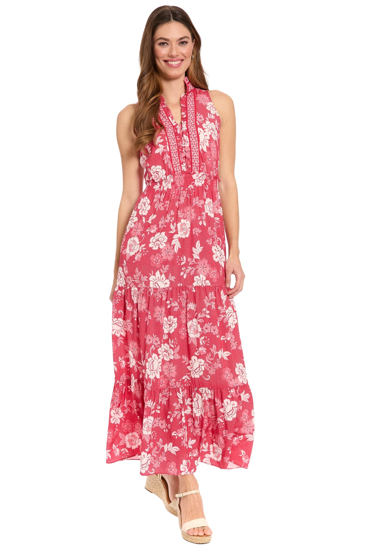 Brooke Ruffle Neck Smocked Maxi in Grid Floral - FINAL SALE