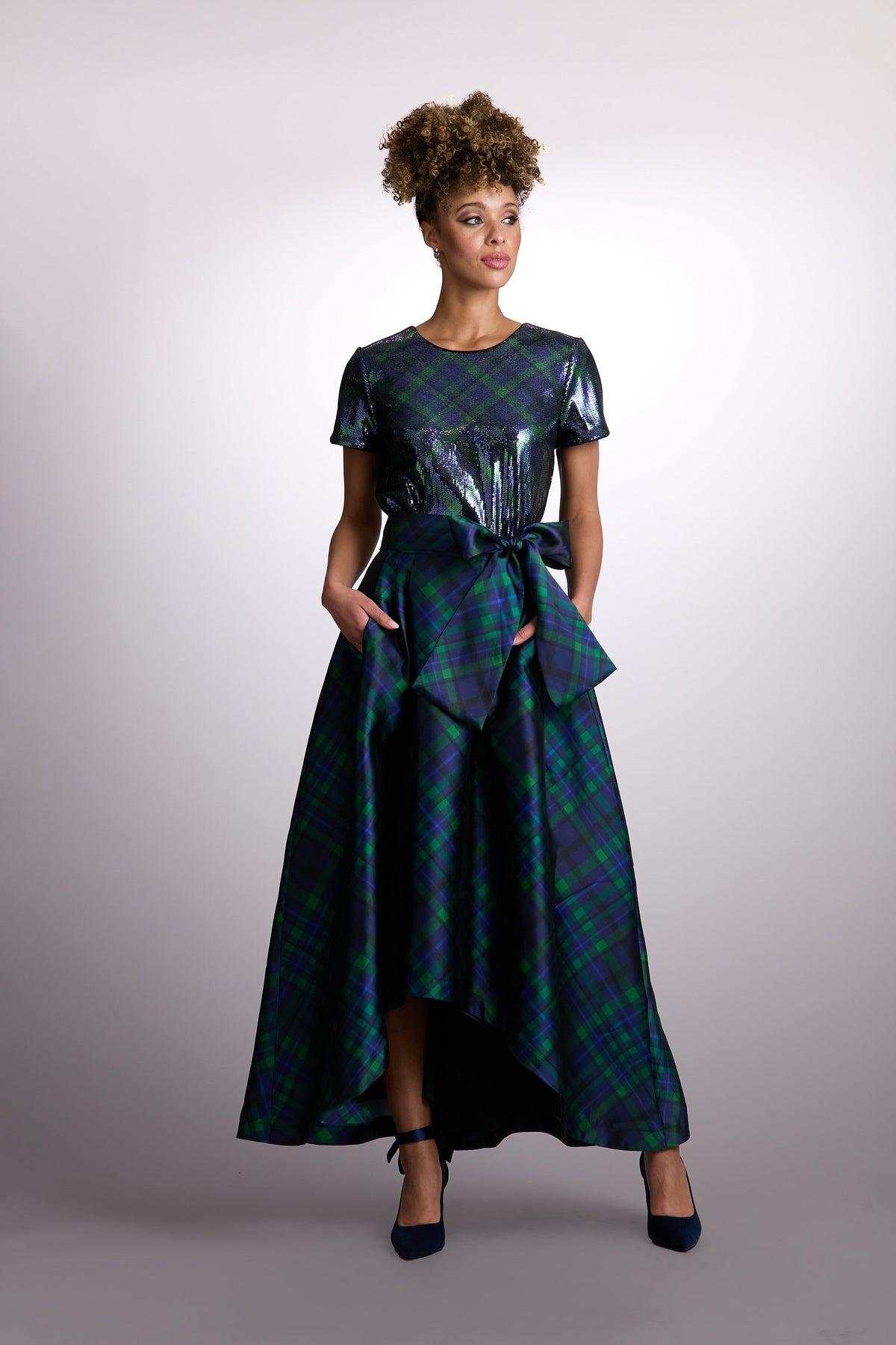 Roosevelt Sequined Plaid Short Sleeve Party Top