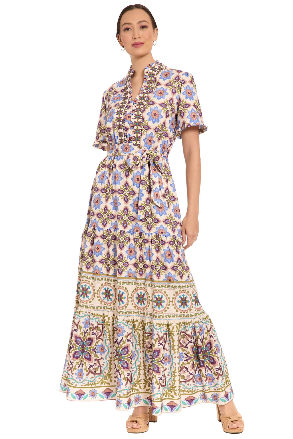 Mackenzie Elbow Sleeve TIered Maxi in Tiles Medallion