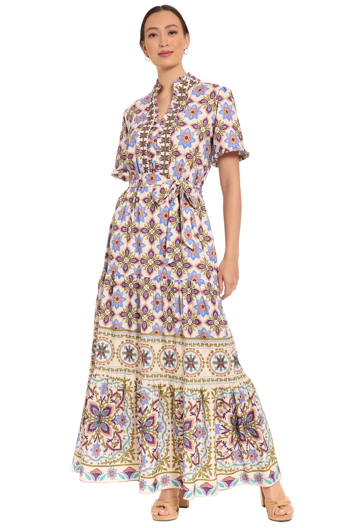 Mackenzie Elbow Sleeve TIered Maxi in Tiles Medallion