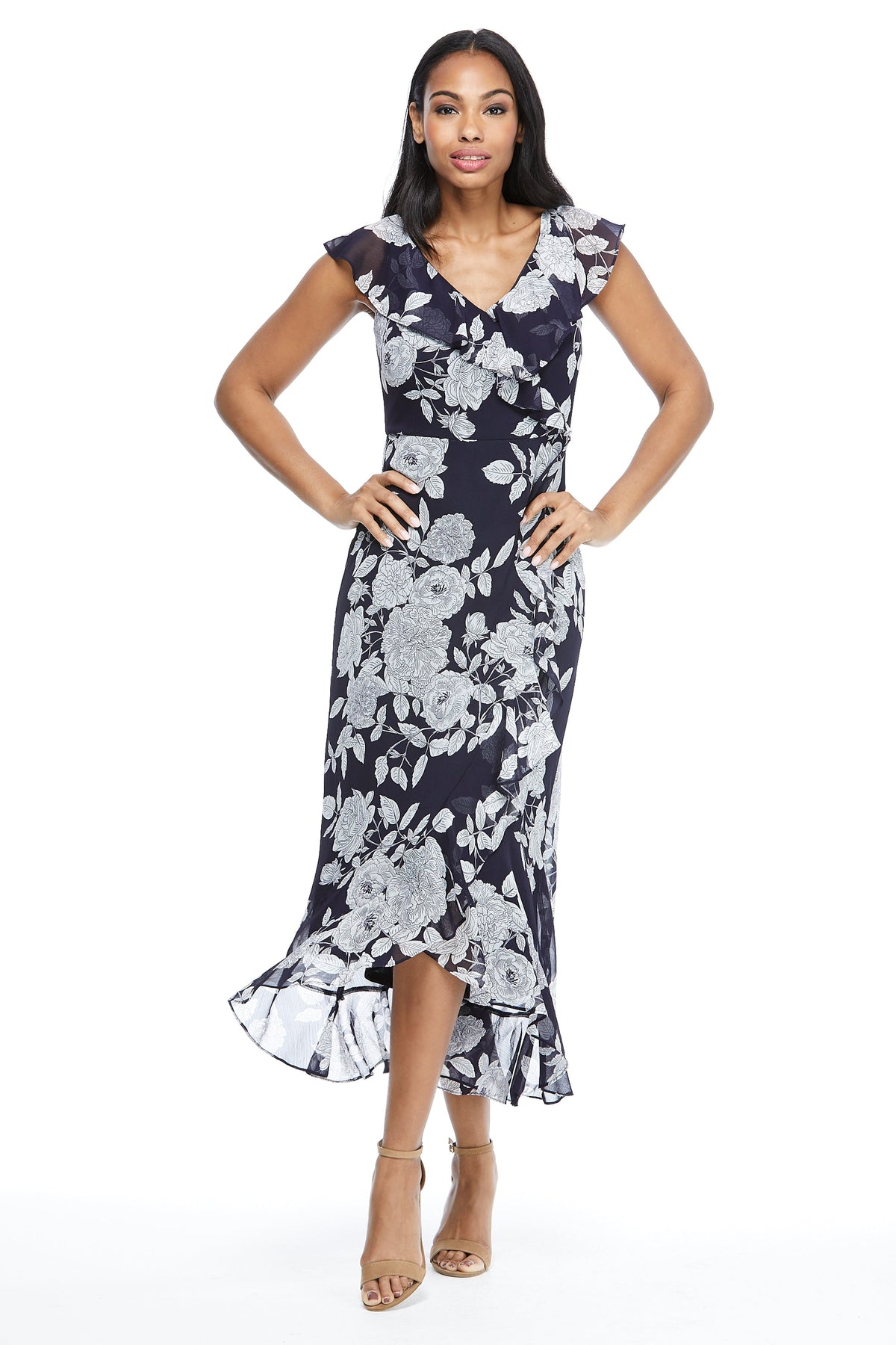Alessandra Ruffle Faux Wrap Dress in Line Bloom