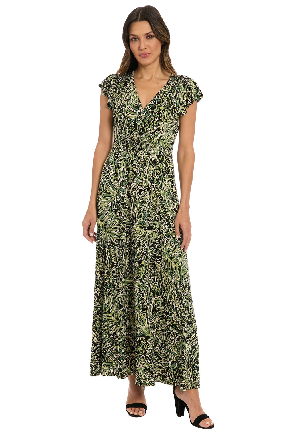 Tay in Linear Floral Maxi Flutter Sleeve Dress