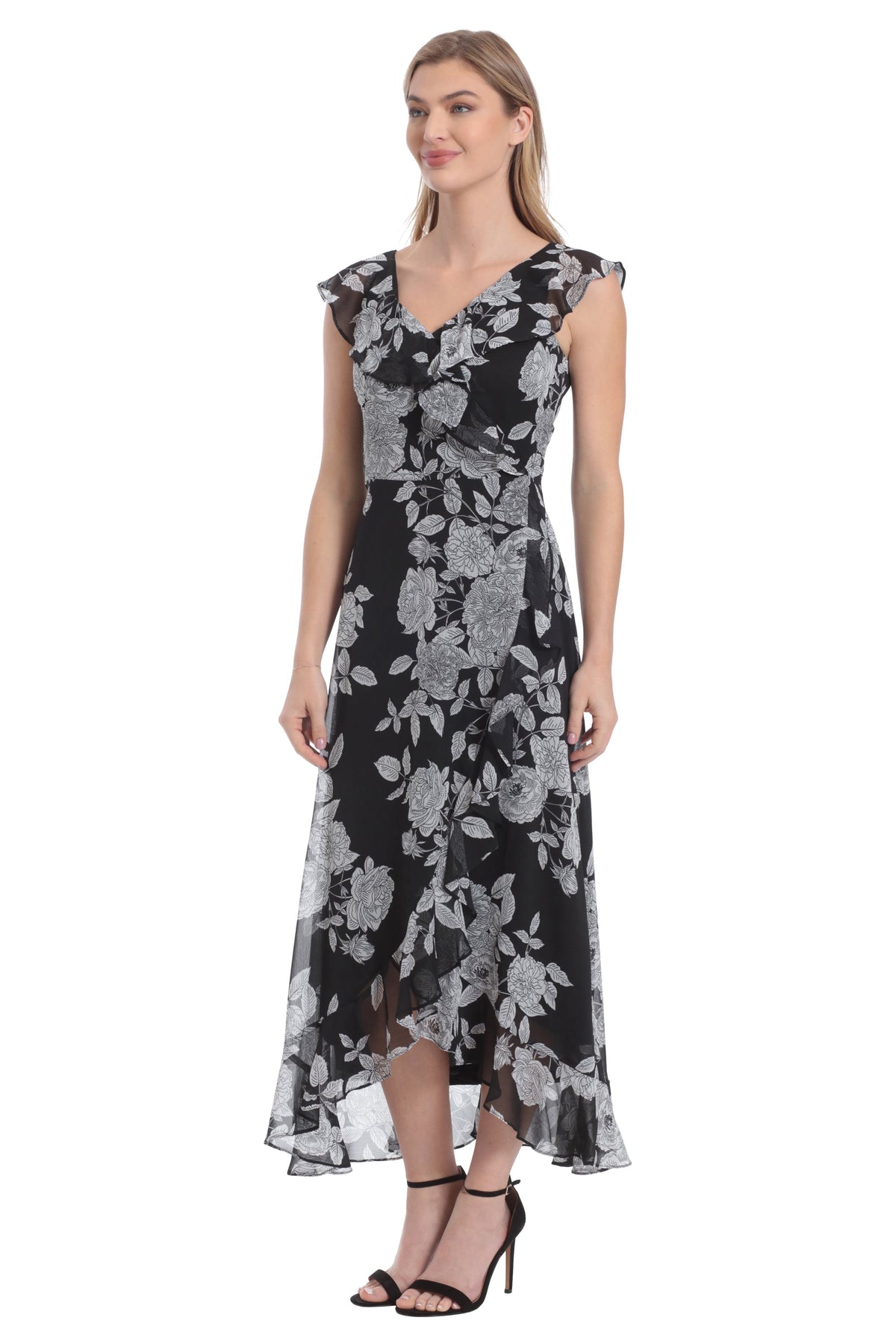 Alessandra Ruffle Faux Wrap Dress in Line Bloom
