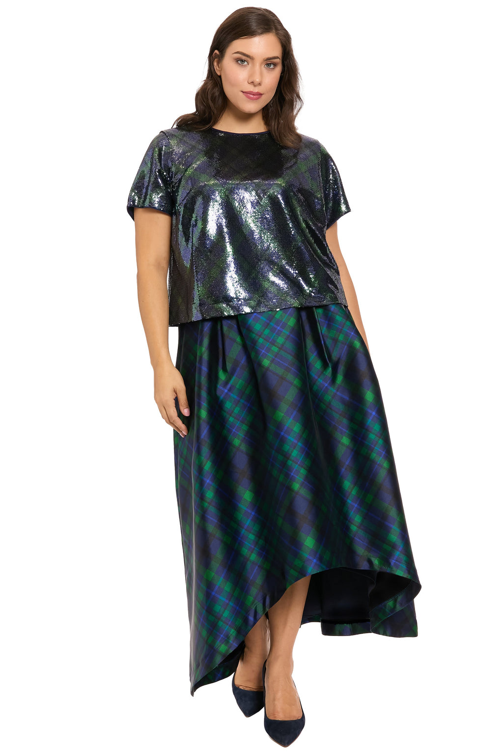 Roosevelt Sequined Plaid Short Sleeve Party Top