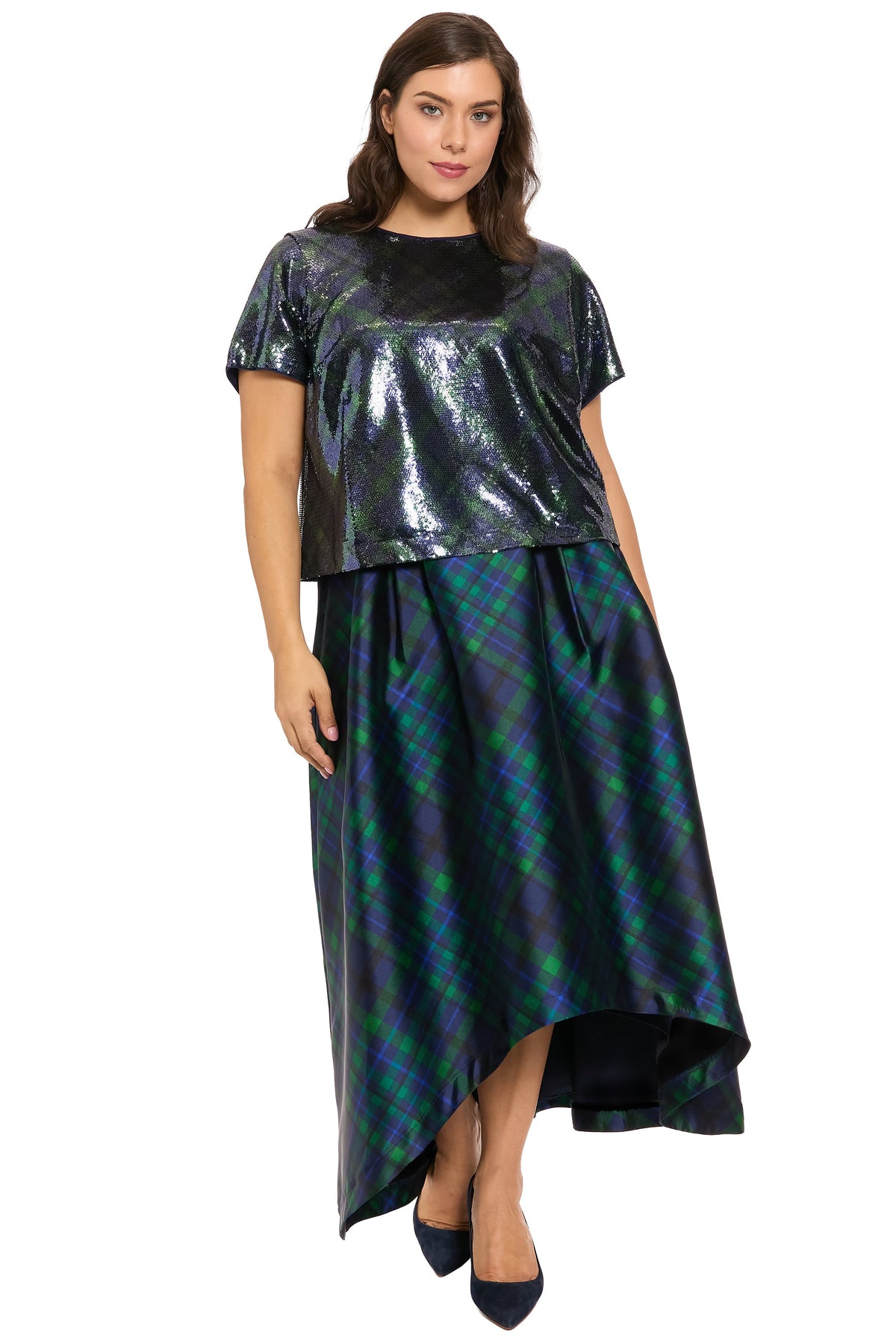 Roosevelt Sequined Plaid Short Sleeve Party Top