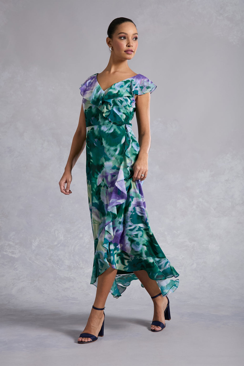 Alessandra Ruffle Faux Wrap Dress in Impressionist Floral