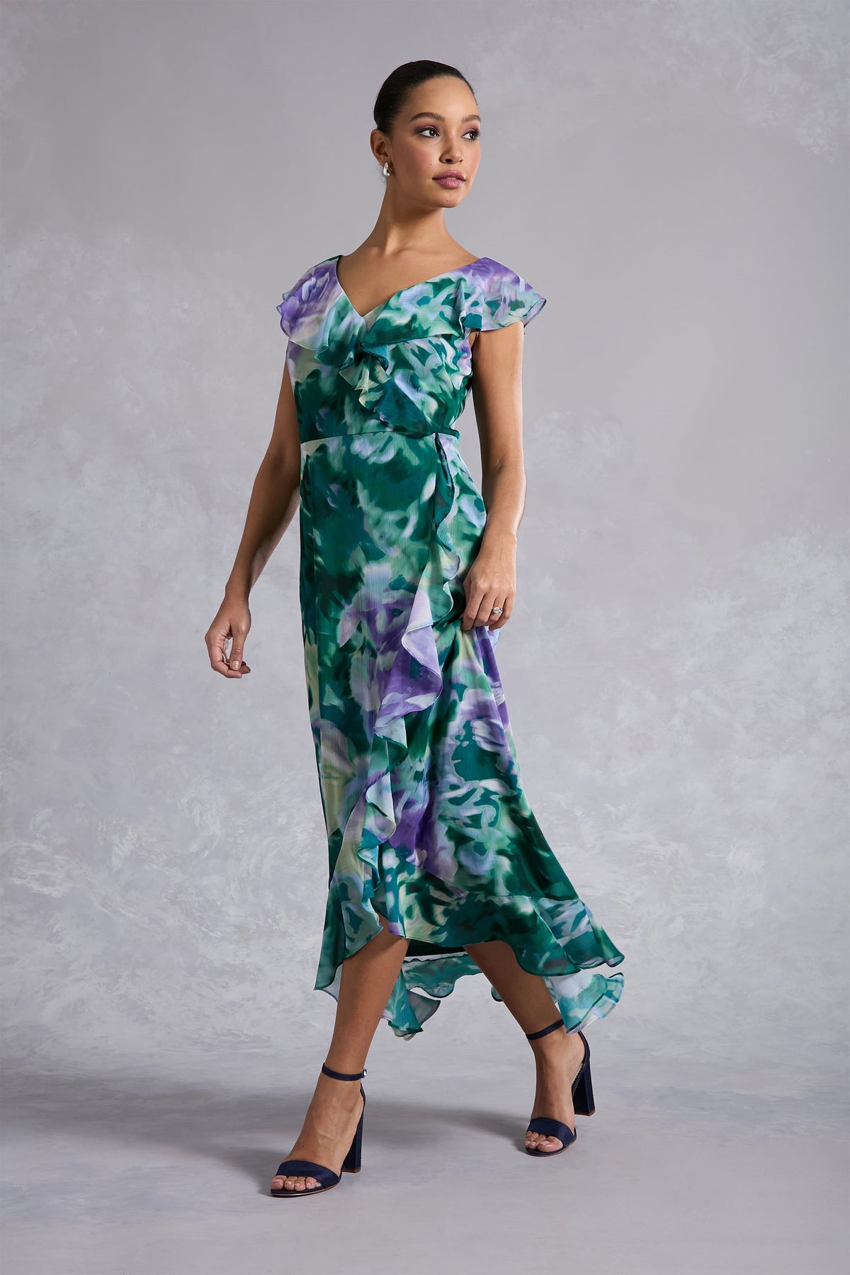 Alessandra Ruffle Faux Wrap Dress in Impressionist Floral
