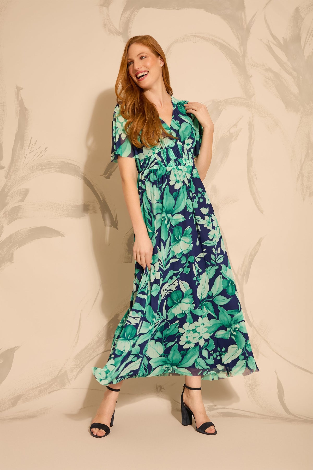 Leila Smocked Waist Mesh Maxi in Nature's Harmony