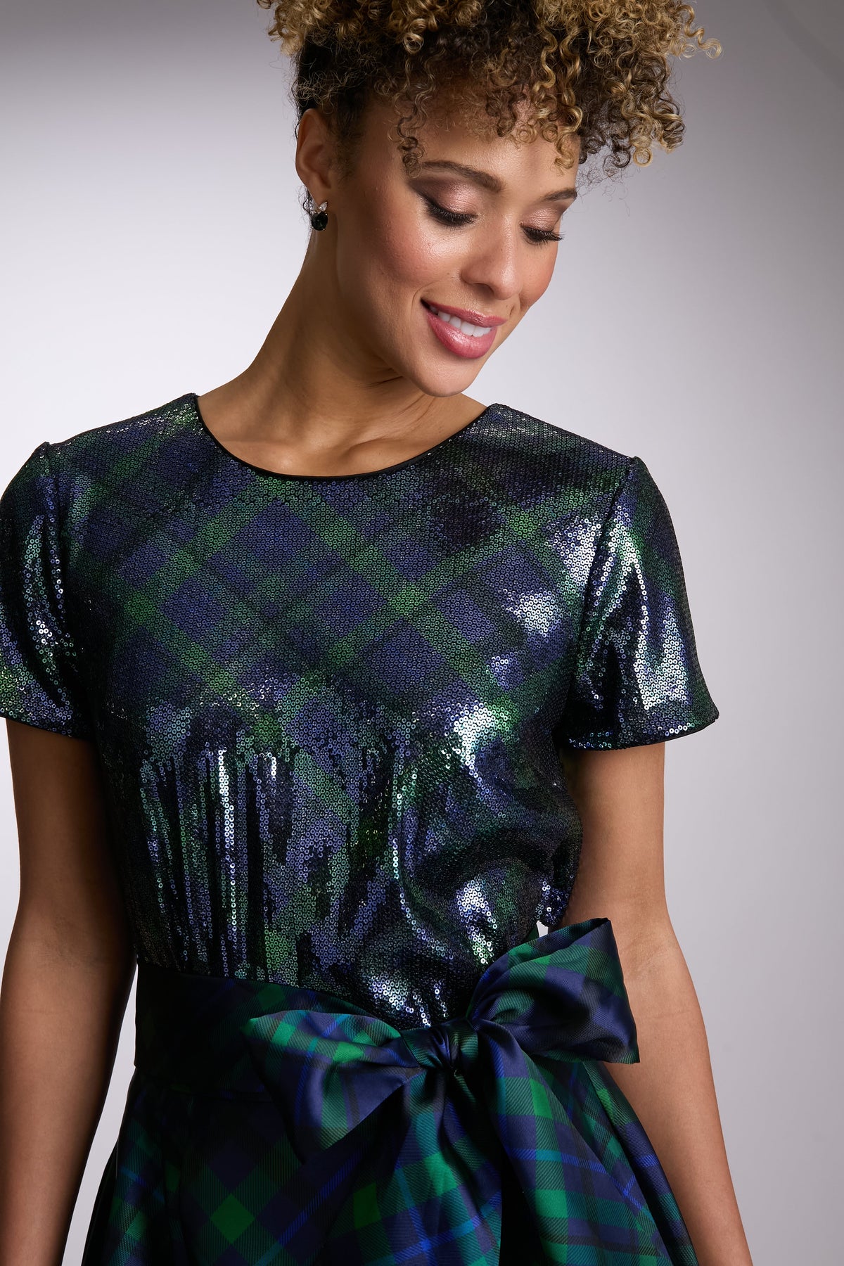Roosevelt Sequined Plaid Short Sleeve Party Top