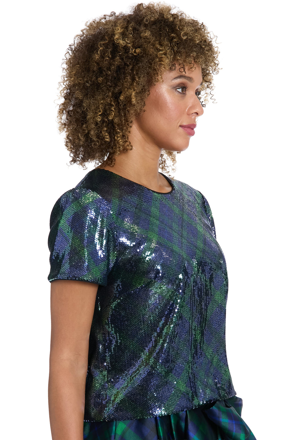 Roosevelt Sequined Plaid Short Sleeve Party Top