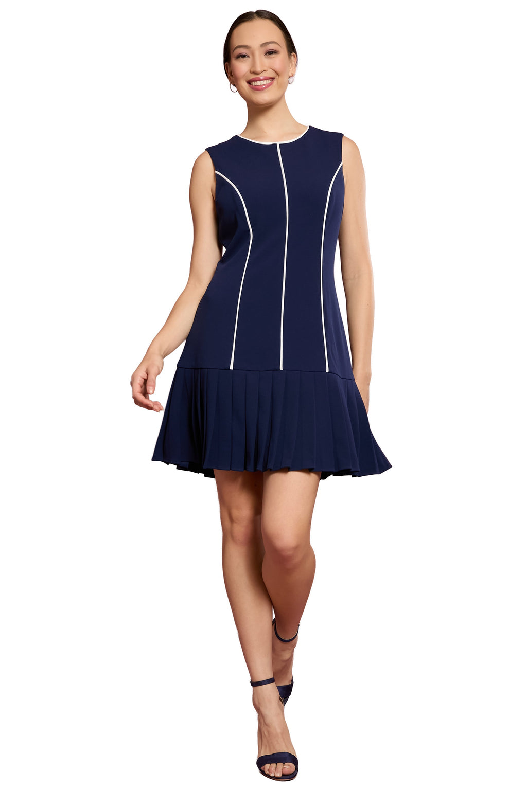 Nani Contrast Piped Pleated Dress in Navy - FINAL SALE