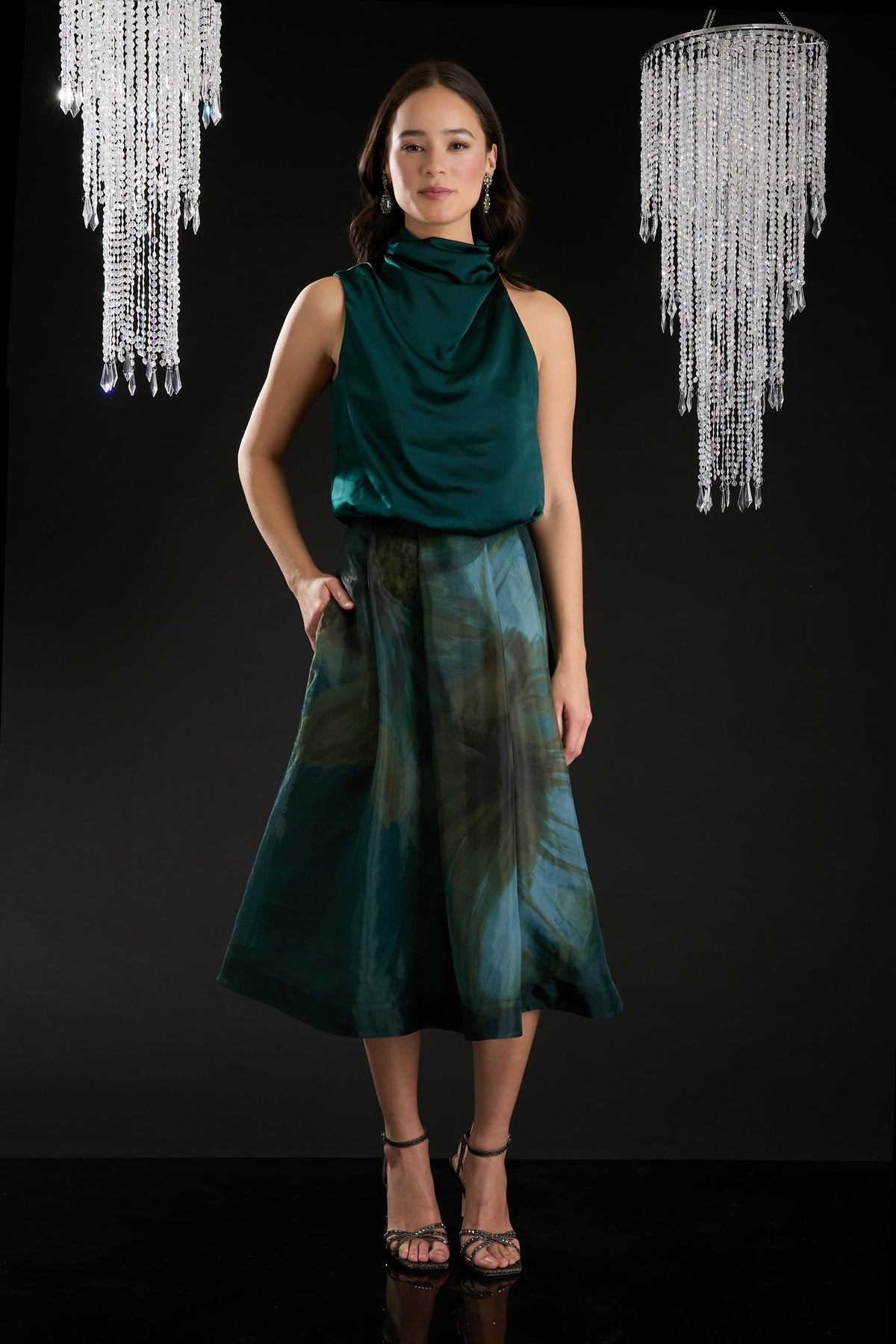 Harlem Pleated Midi Skirt in Bloom Organza