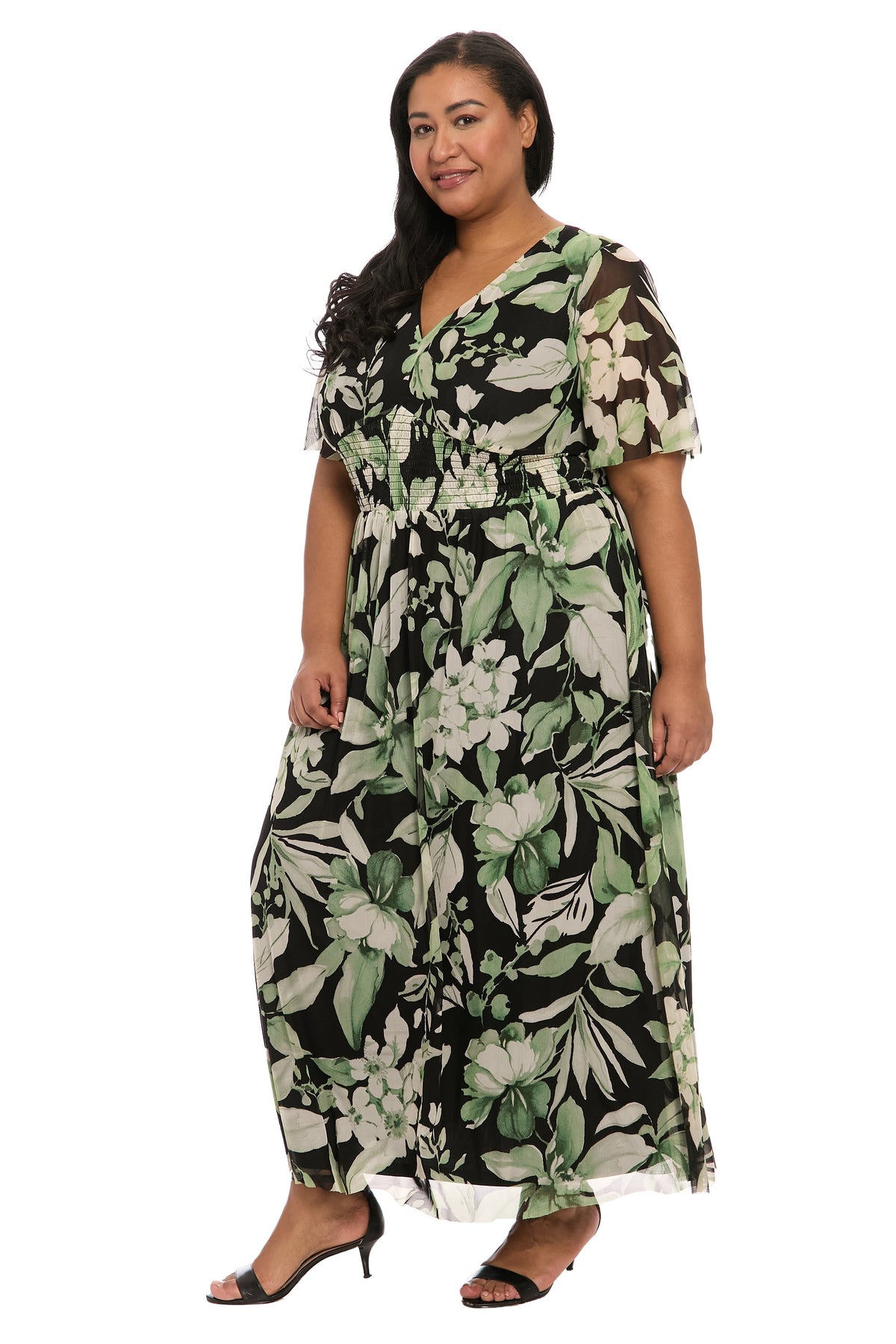 Leila Smocked Waist Mesh Maxi in Nature's Harmony