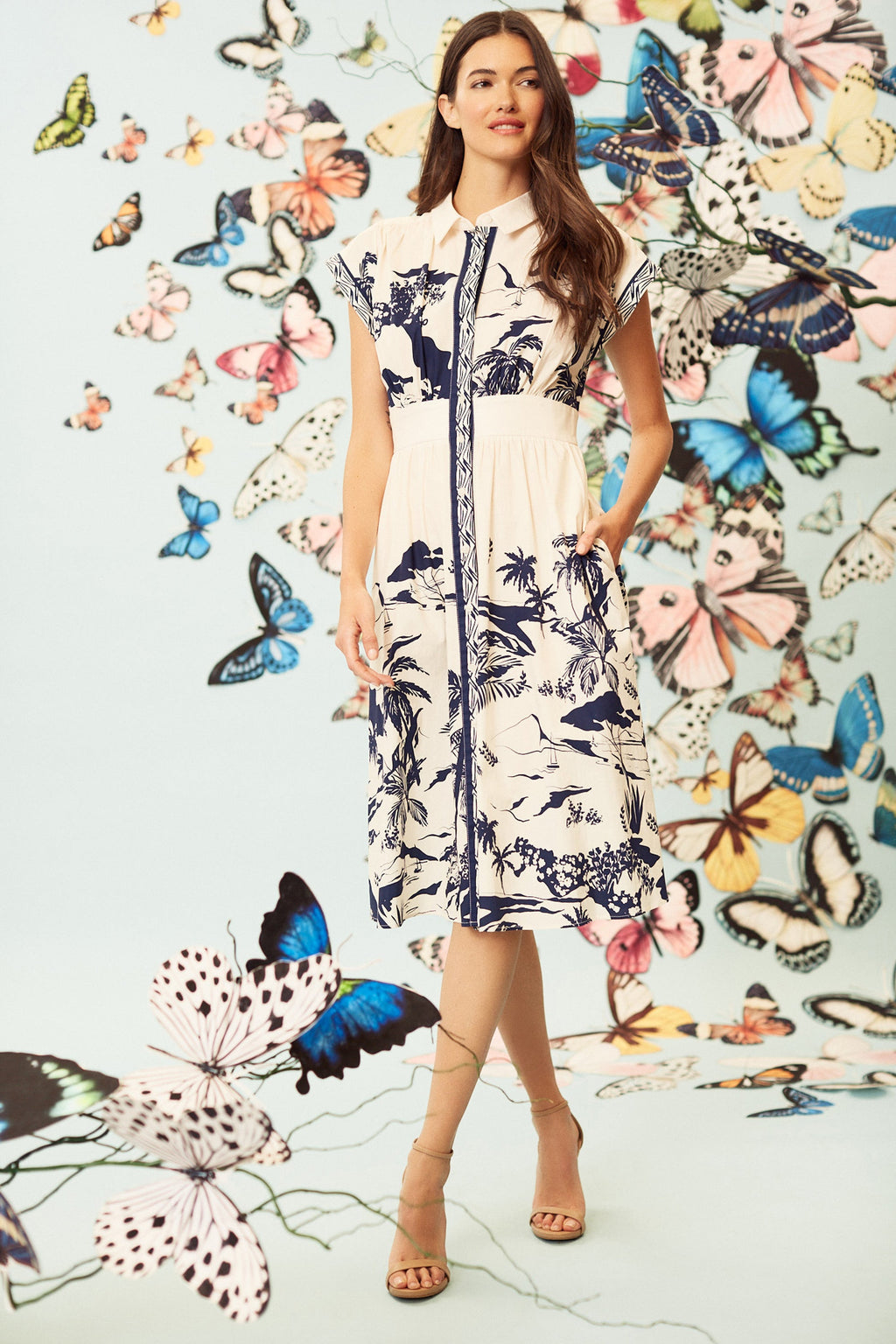 Dulcie Cotton Shirtdress in Riviera Border