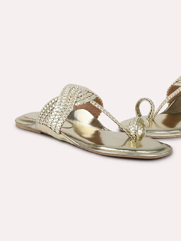 Women Gold Woven Design One Toe Flats