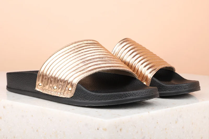 Women Rose Gold Textured Open Toe Flats