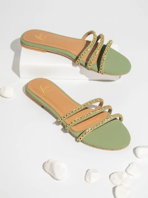 Women Green Striped Open Toe Flats With Chain detail