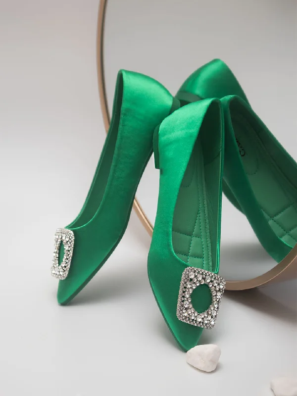 Women Green Embellished Buckles Flats Ballerinas