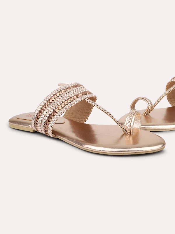 Women Rose Gold Embellished One Toe Flats