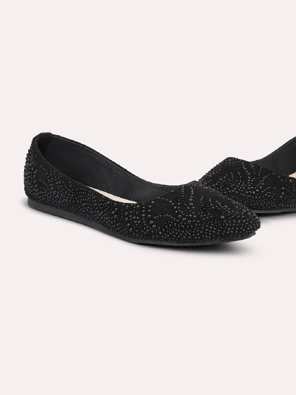 Women Black Embellished Ballerinas Flats