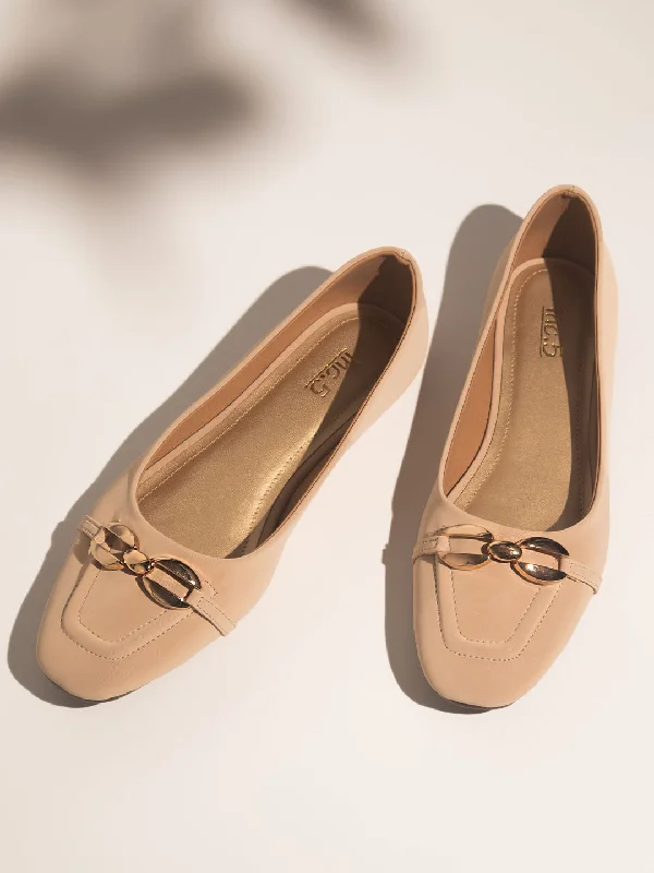 Women Beige Buckled Ballerinas Flats