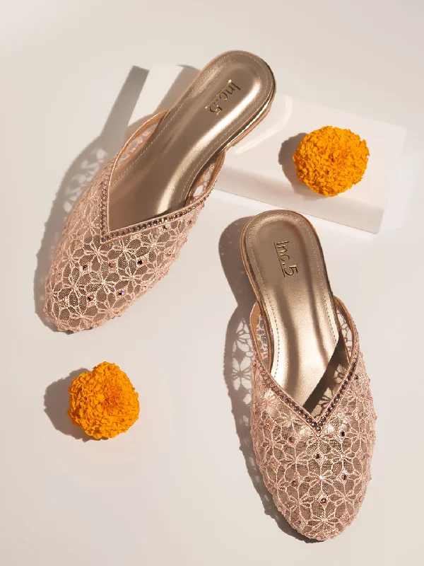 Women Rose Gold Embellished Mules Flats