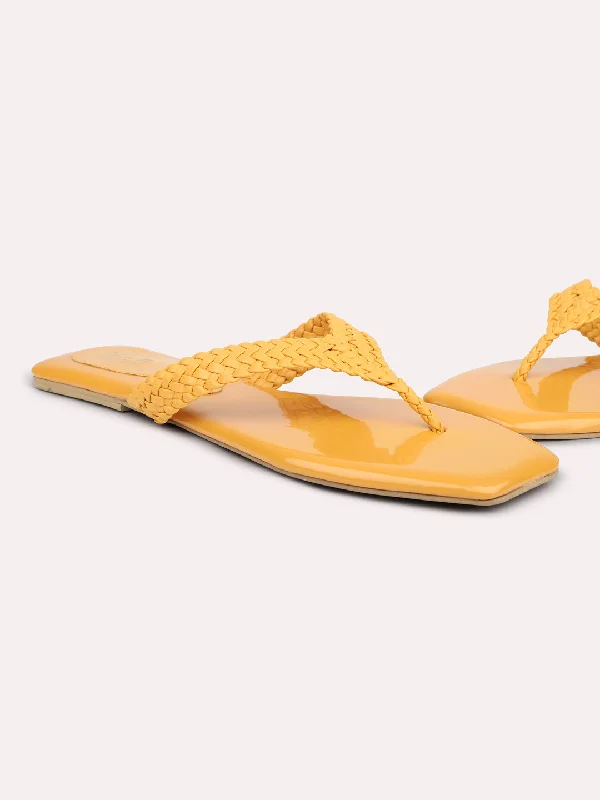 Women Yellow Textured Open Toe Flats