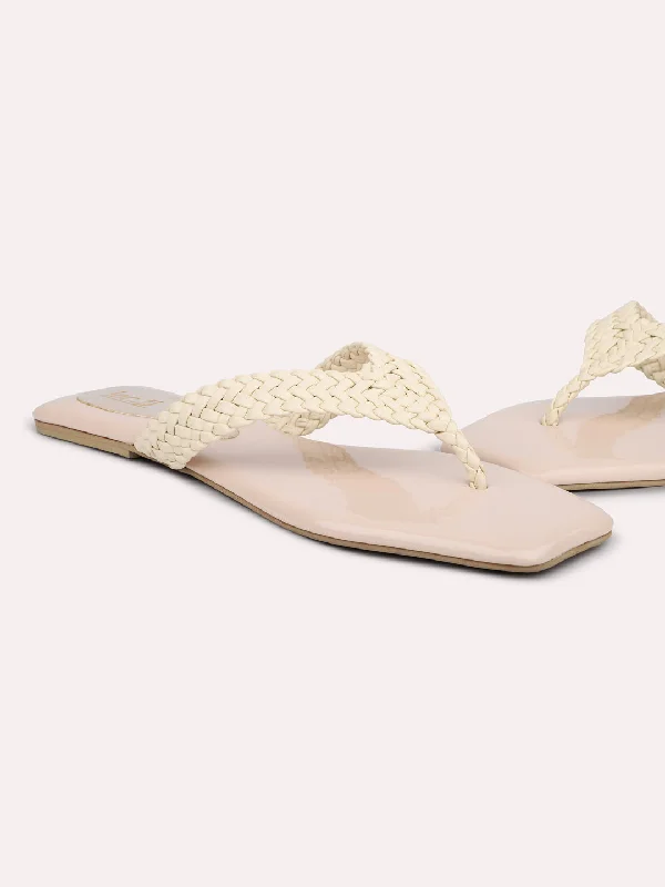 Women Beige Textured Open Toe Flats