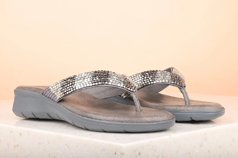 Women Pewter Embellished Open Toe Flats