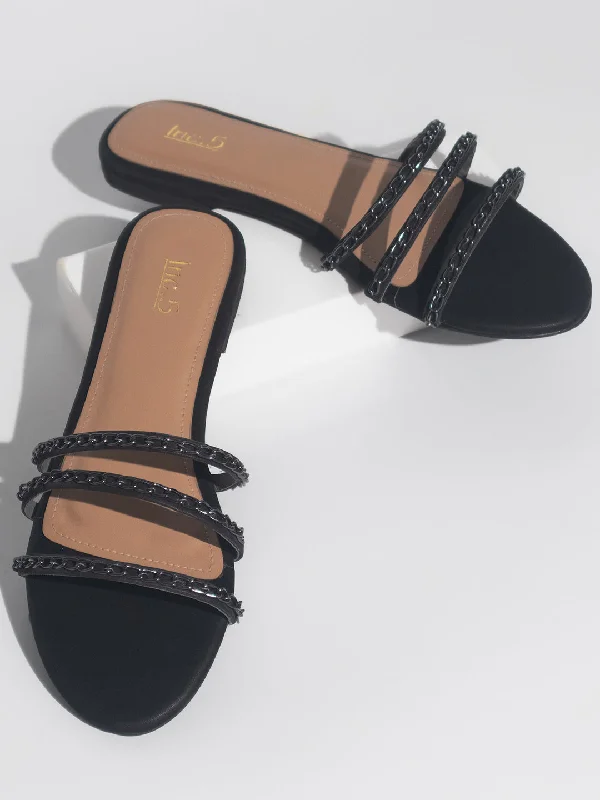 Women Black Embellished Open Toe Flats