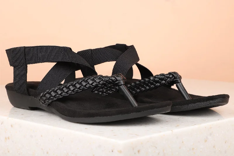 Women Black Textured Open Toe Flats