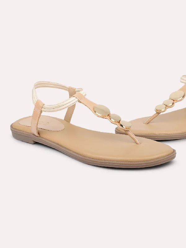 Women Beige Open Toe Flats