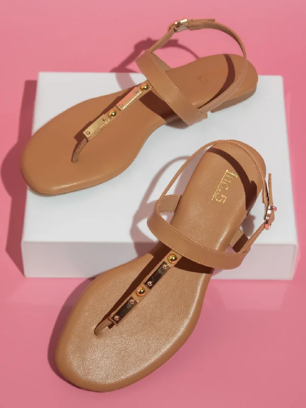 Women Beige T-Strap Flats With Backstrap