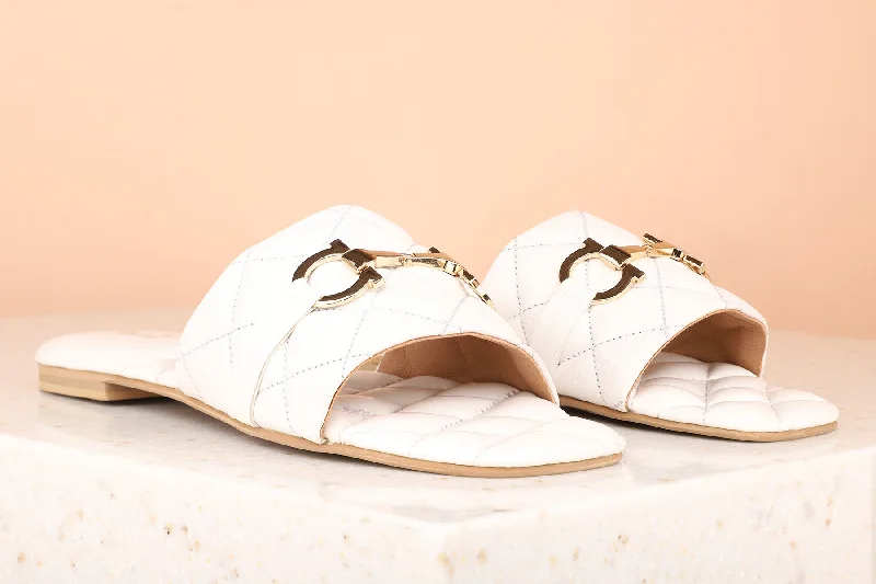 Women White Textured Open Toe Flats