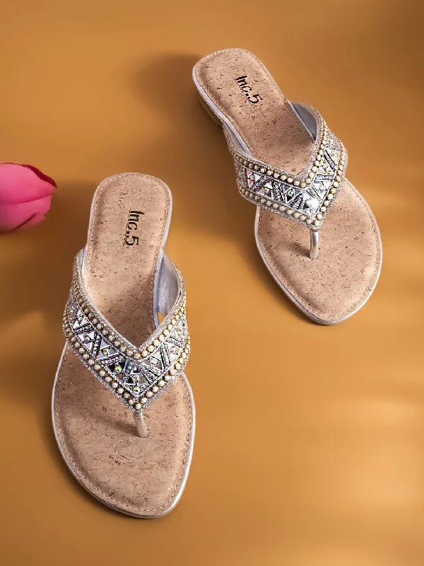 Women Silver Gold-Toned Embellished Open Toe Flats