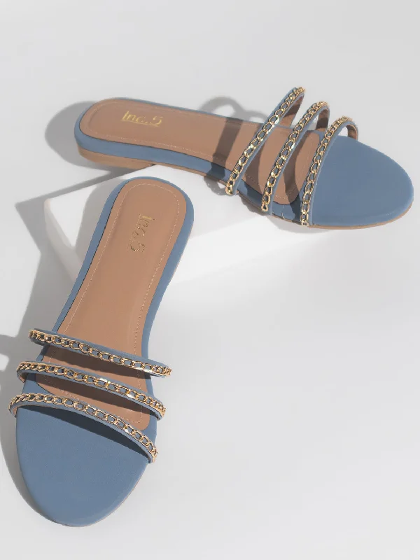 Women Blue Embellished Open Toe Flats