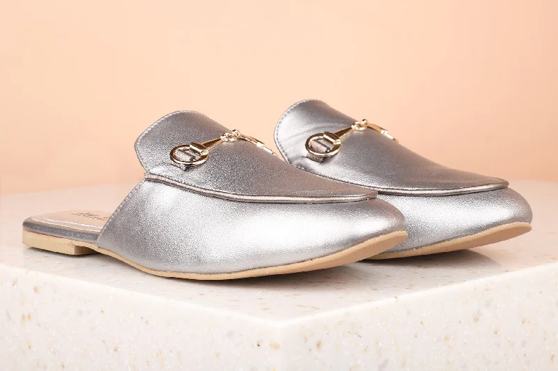 Women Silver Embellished Mules with Buckles Flats