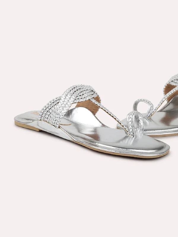 Women Silver Woven Design One Toe Flats