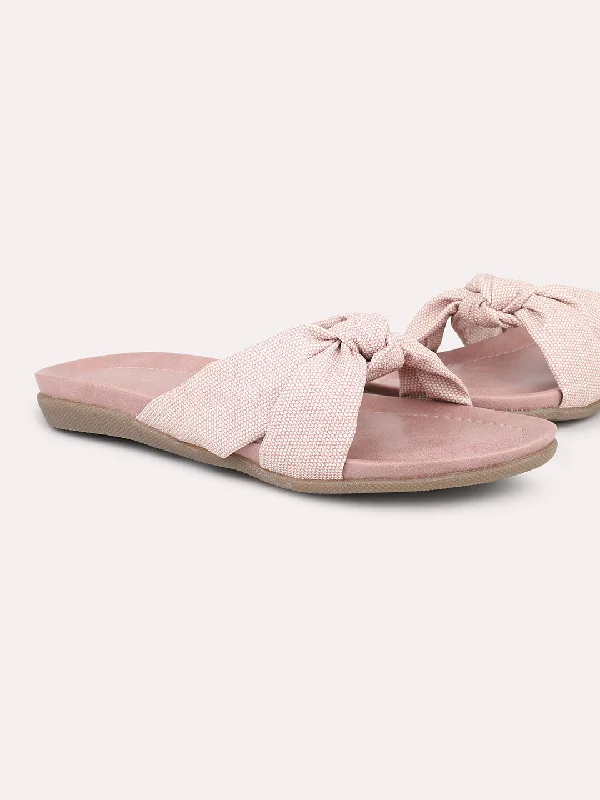 Women Peach Textured Open Toe Flats