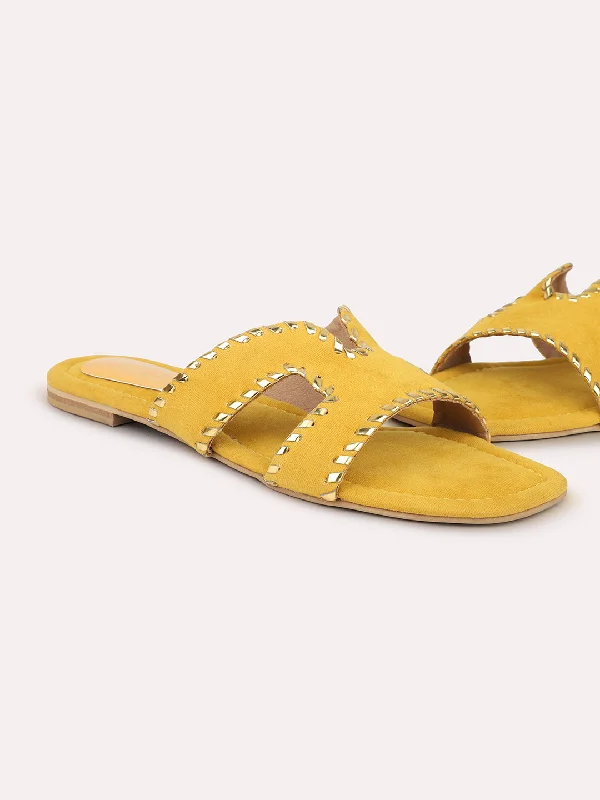 Women Yellow Embellished Suede Open Toe Flats