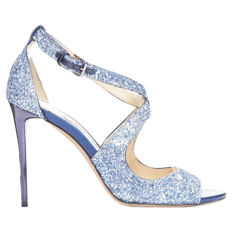 Jimmy Choo Emily blue glitter crisscross strap open toe sandals