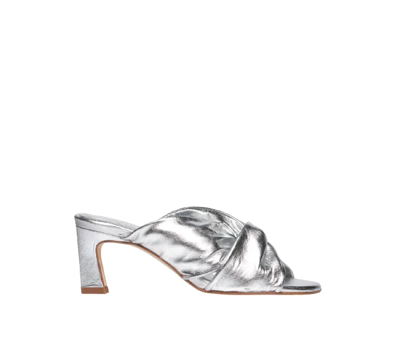 Valentina Twist Mid-Heel Sandal In Silver Calf