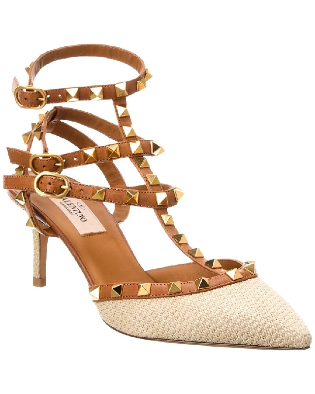 Valentino Rockstud Caged 65 Leather & Raffia Ankle Strap Pump