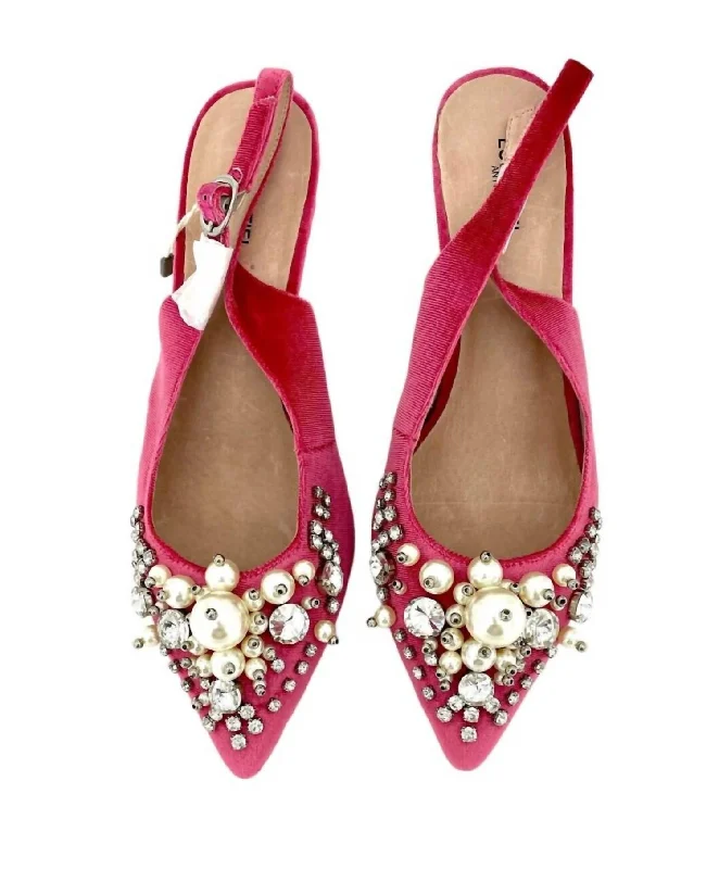 Velvet Crystals Pearls Pointed Toe Kitten Pumps In Pink