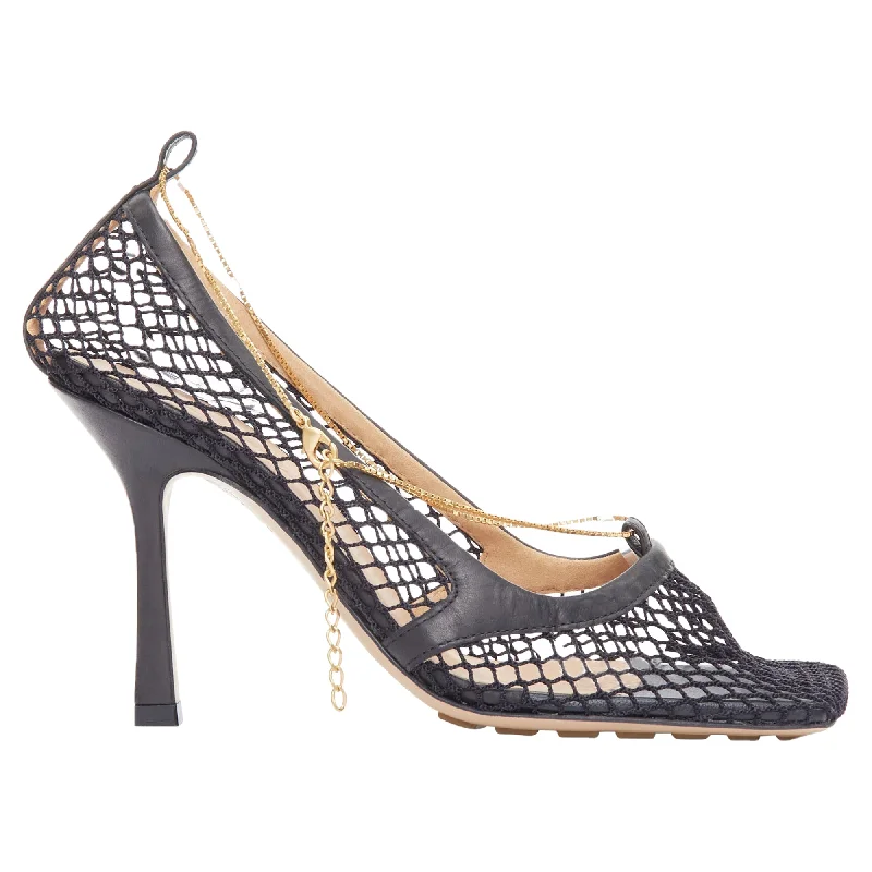 Bottega Veneta stretch leather mesh net gold chain spool heels